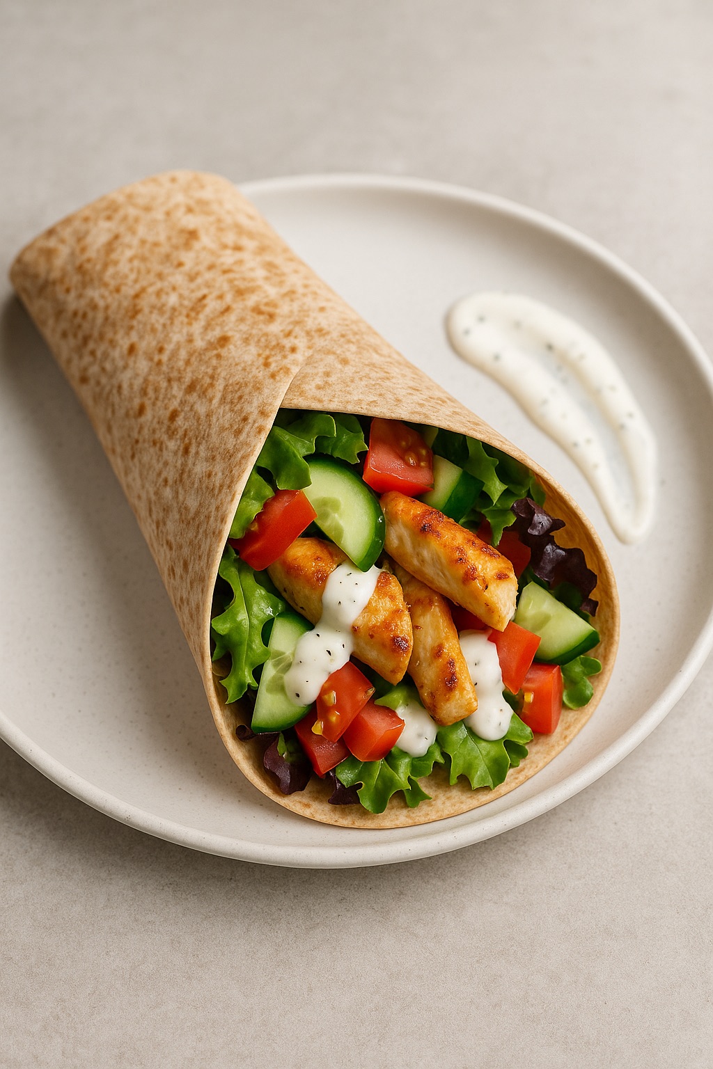 Volkoren wrap met kip, groenten & yoghurtlooksaus