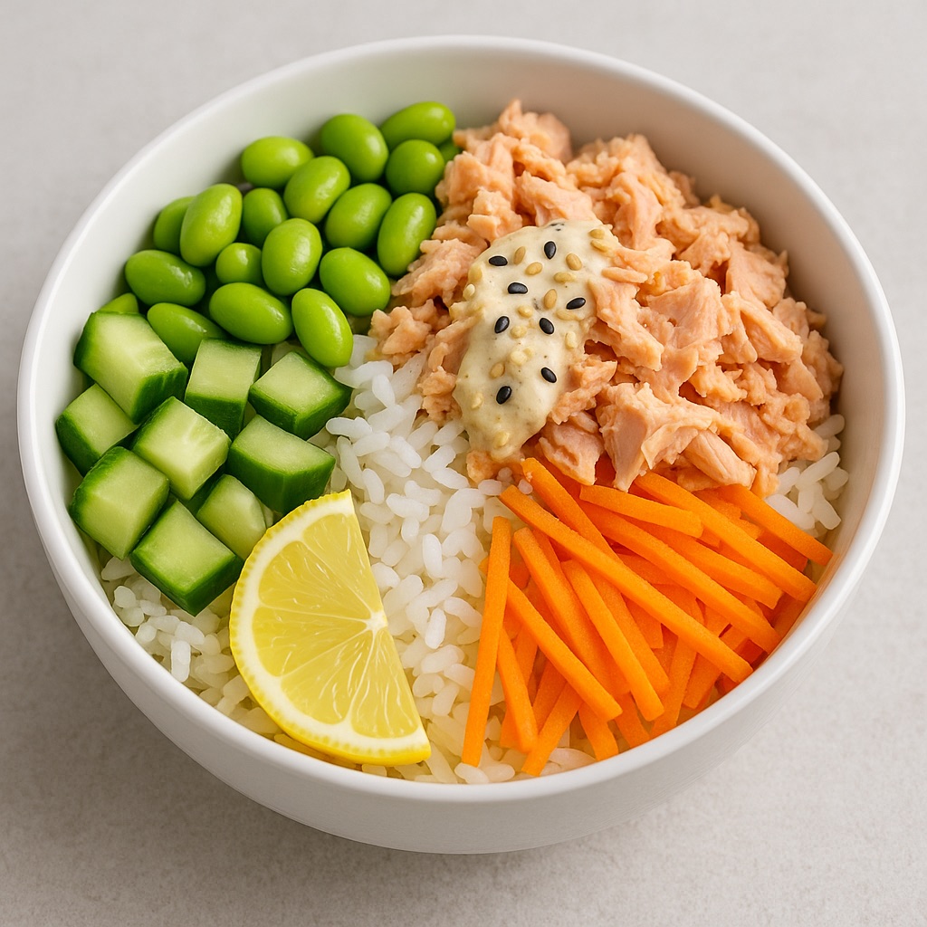 Rijstbowl met zalm uit blik & groenten