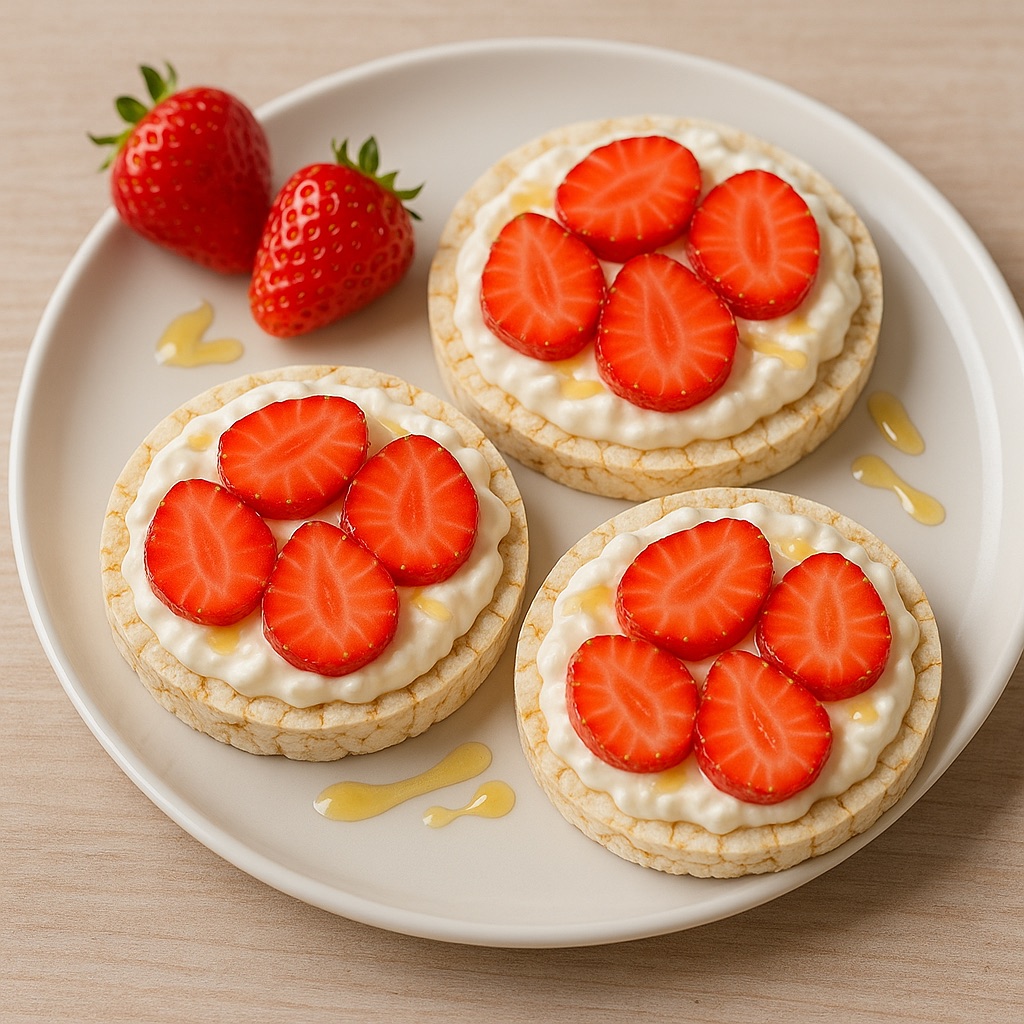 Rijstwafels met platte kaas en aardbeien